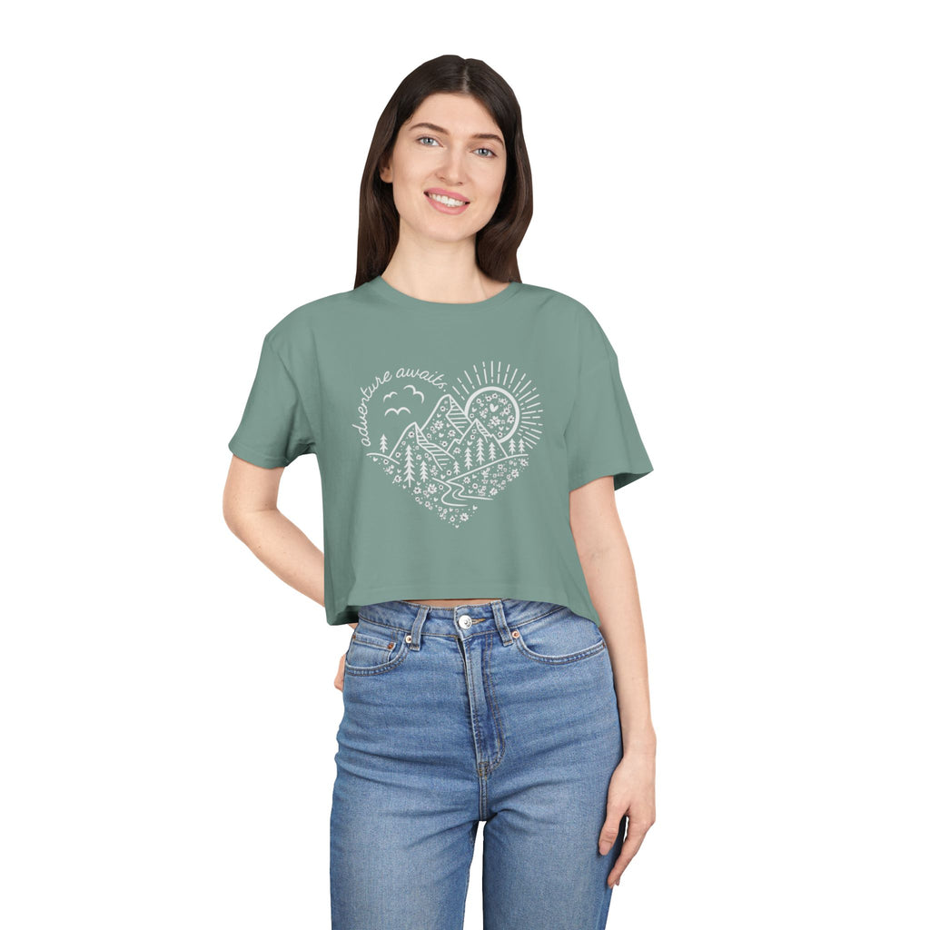 Crop Tee — Adventure Awaits Mountain Heart Graphic