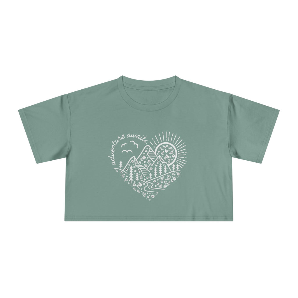 Crop Tee — Adventure Awaits Mountain Heart Graphic