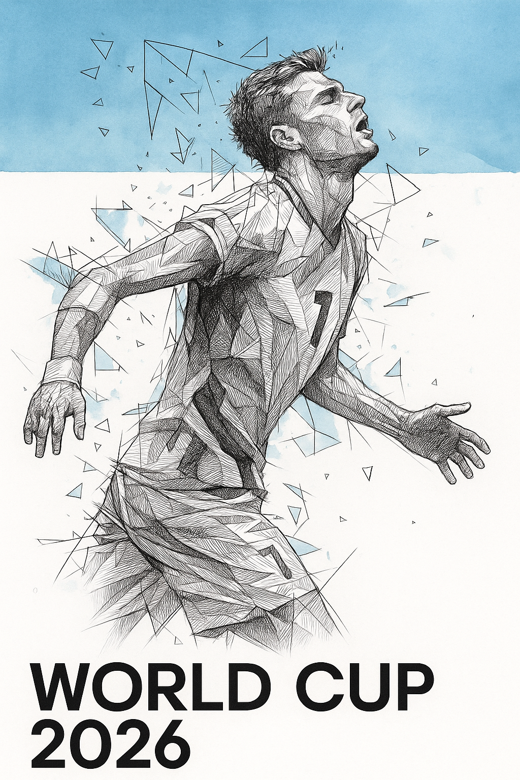 Illustration of a soccer player with 'World Cup 2026' text on a geometric background