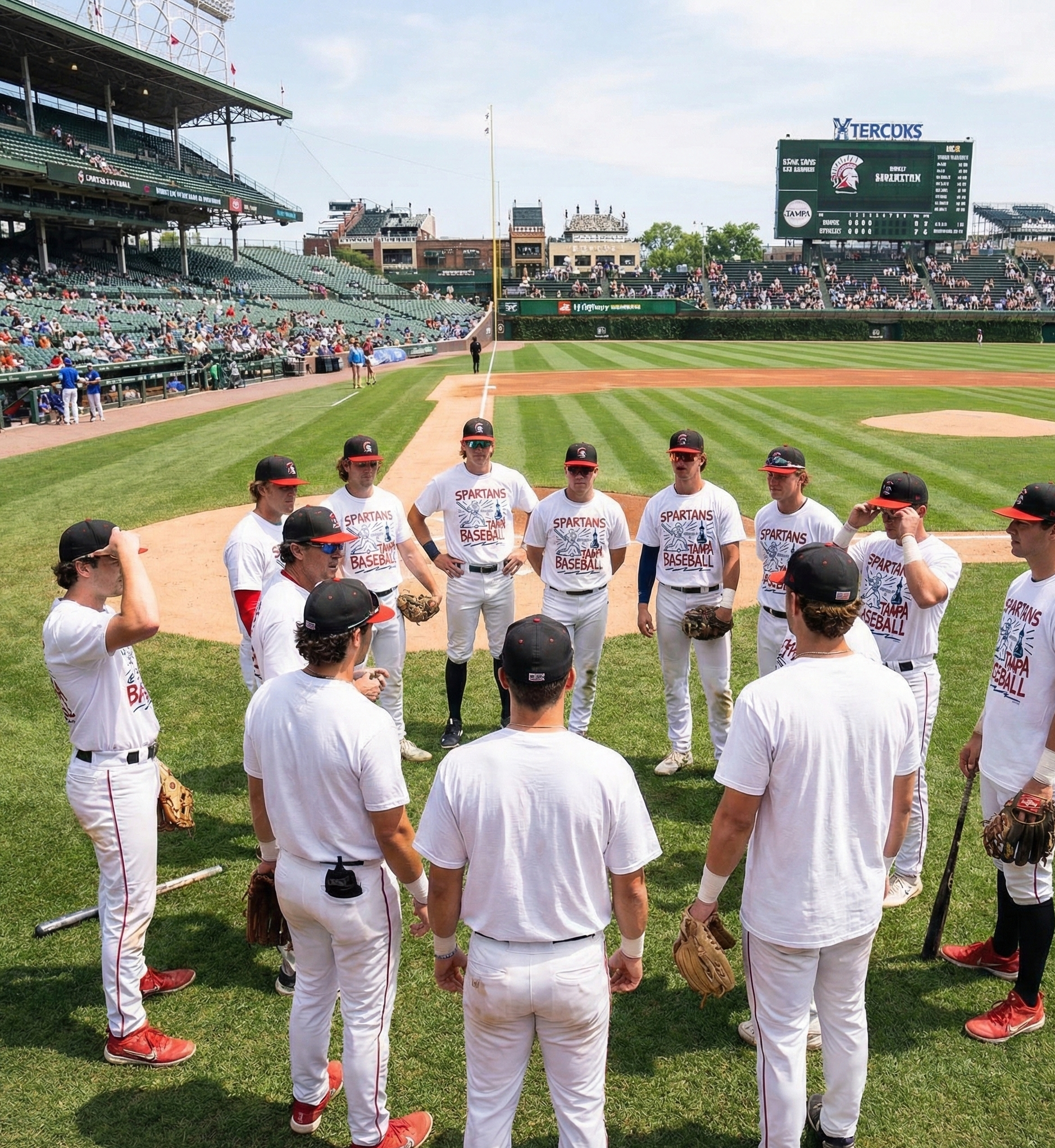 Baseball players in white uniforms standing on a baseball field with a stadium in the background.