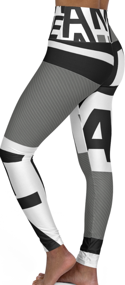 Black, white, and gray leggings with geometric pattern on a white background