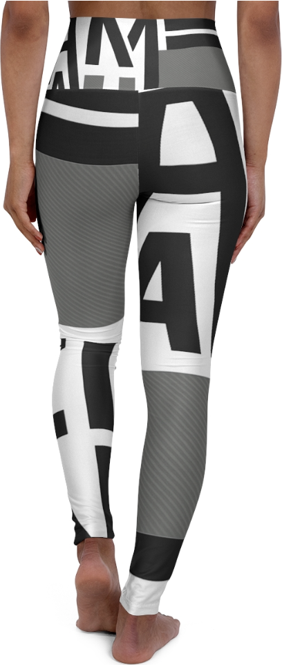 Leggings with geometric pattern and text on a white background