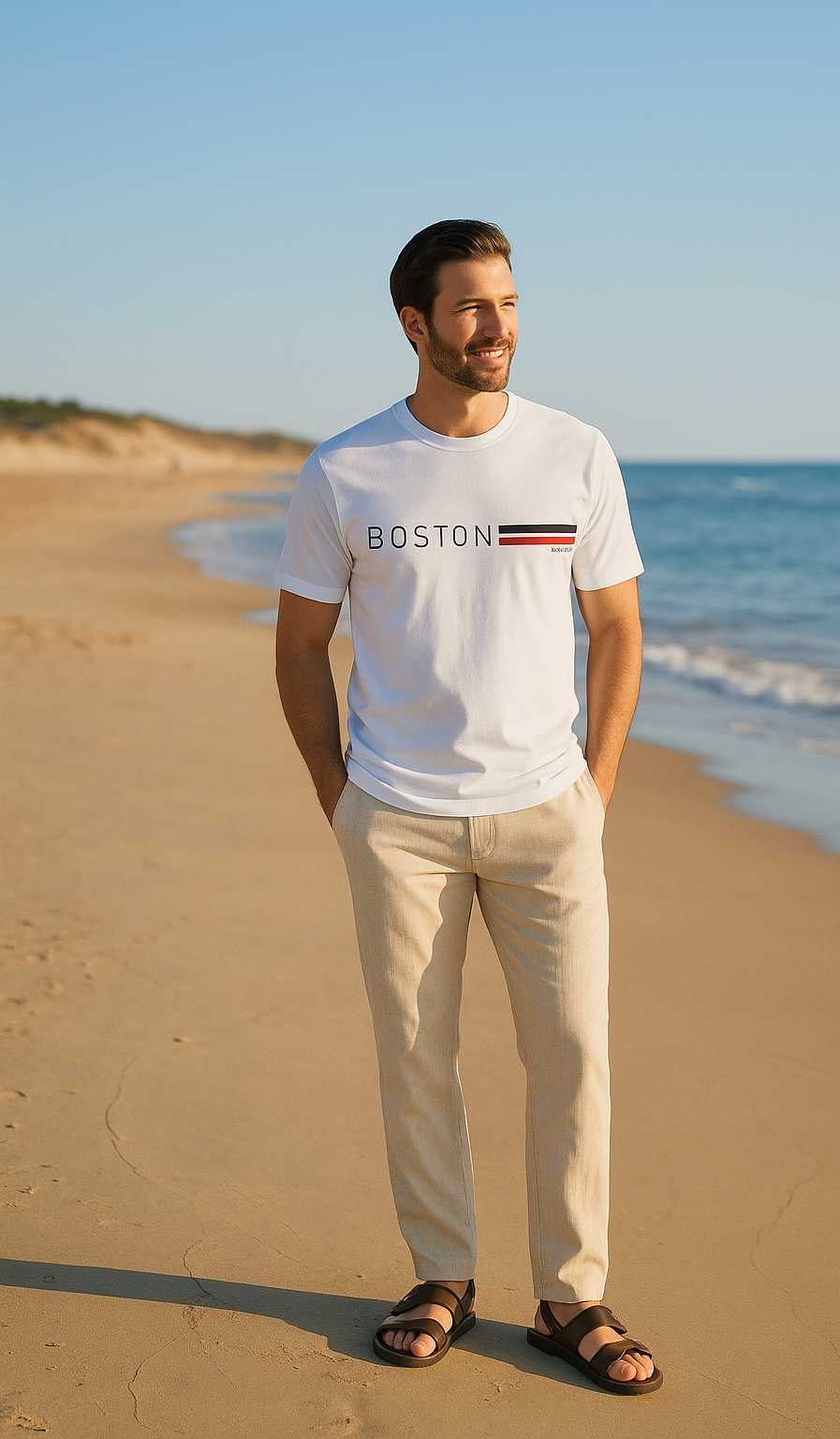 Man standing on a beach wearing a white t-shirt with 'Boston' printed on it.