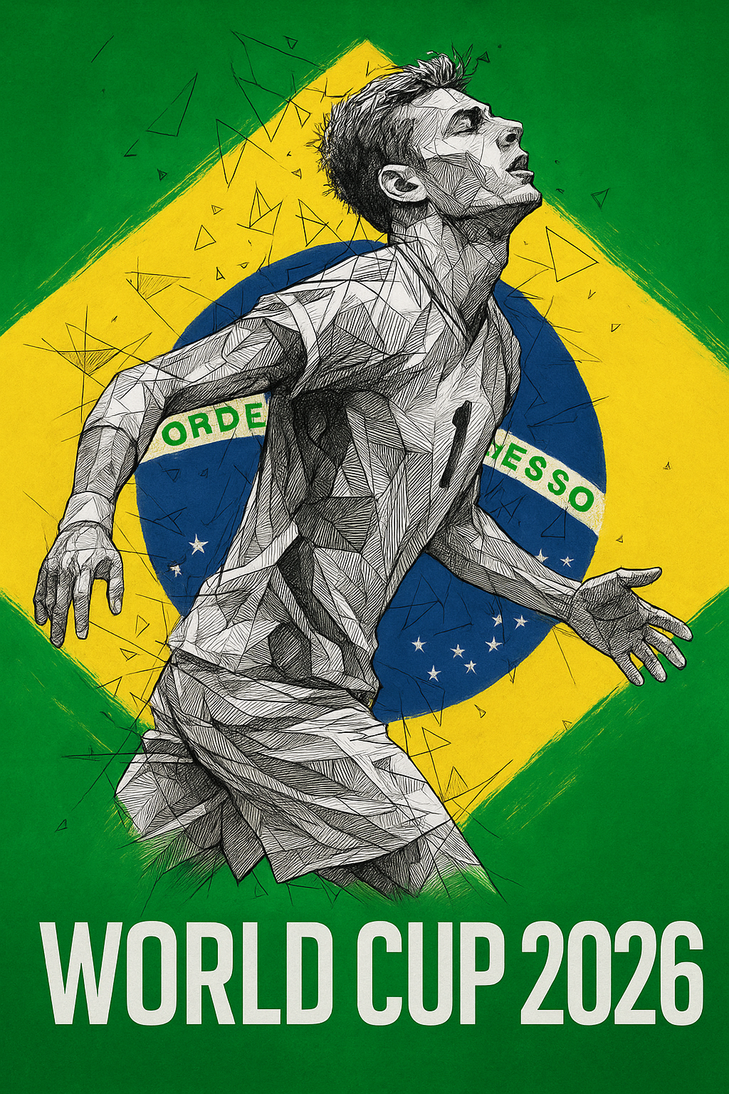Geometric illustration of a soccer player on a Brazil flag background with 'World Cup 2026' text.