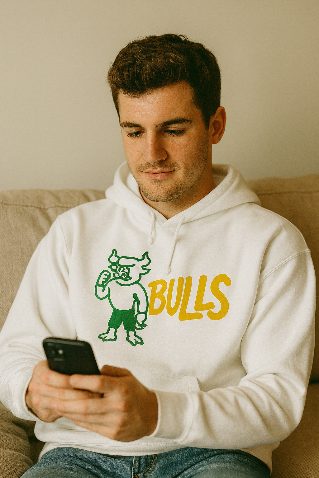 Man wearing a white hoodie with 'Bulls' logo sitting on a couch using a phone.
