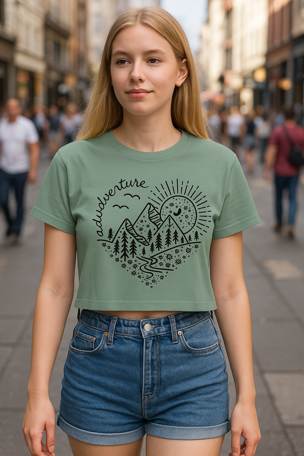 Crop Tee — Adventure Awaits Mountain Heart Graphic