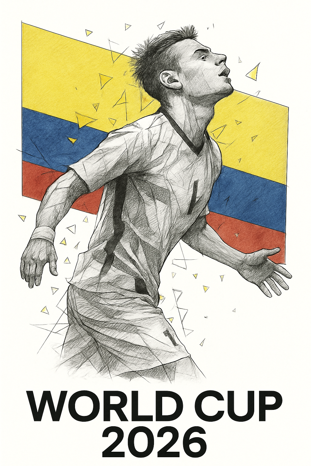 Illustration of a soccer player with the Colombian flag in the background and 'World Cup 2026' text.