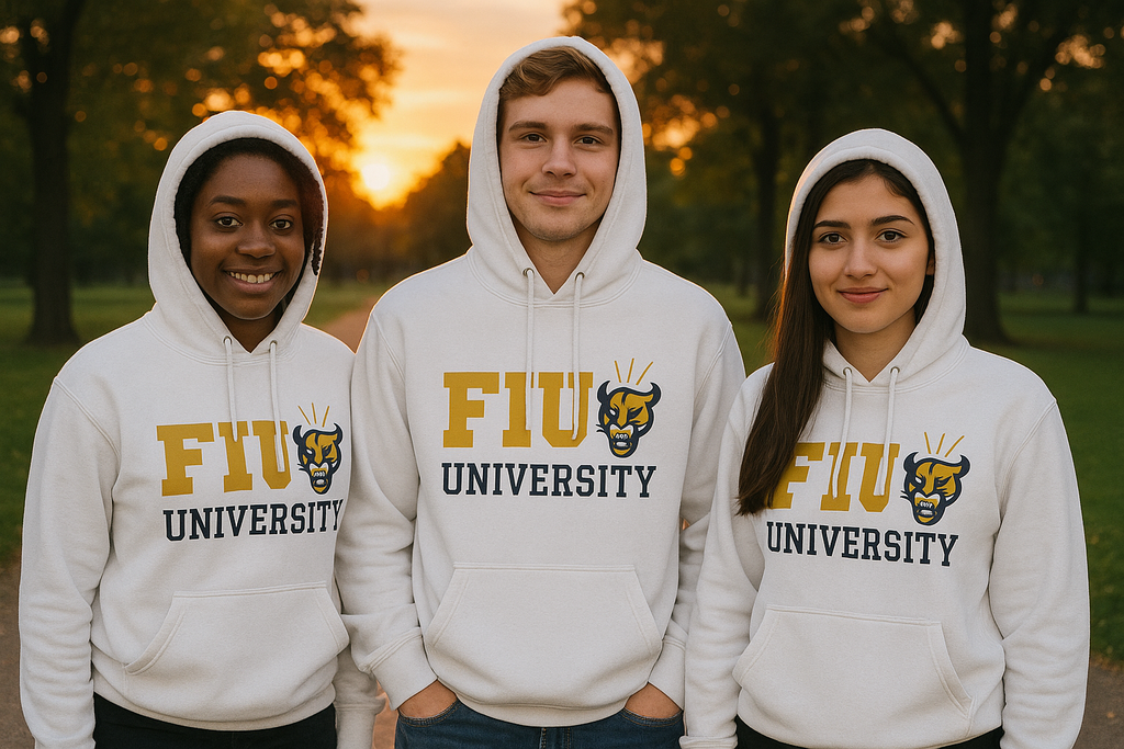 Three individuals wearing FIU University hoodies standing outdoors with a sunset in the background.
