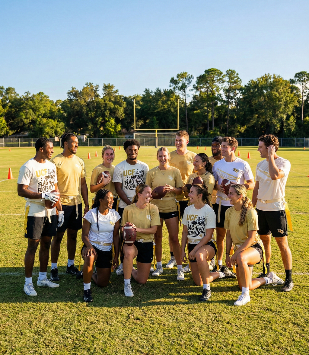Group of people posing on a sports field with a clear sky