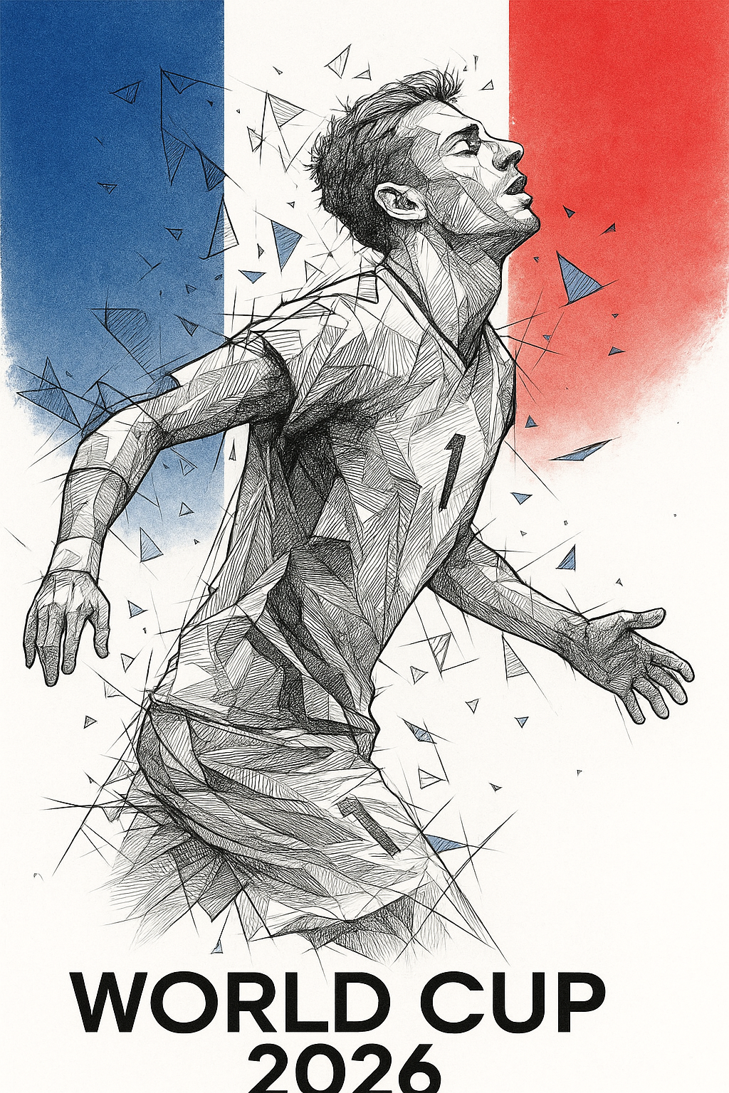 Illustration of a soccer player with geometric design against a French flag background, featuring 'World Cup 2026' text.