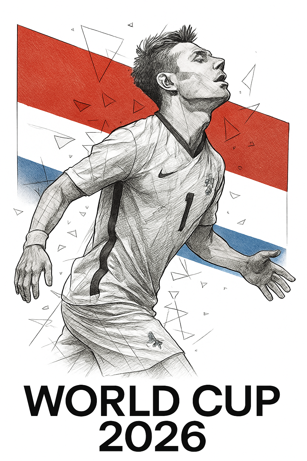 Illustration of a soccer player with World Cup 2026 text and geometric design elements.