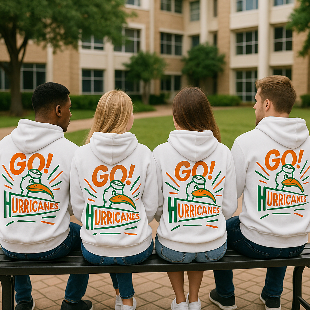 Four people sitting on a bench wearing white hoodies with 'GO! Hurricanes' text and logo.