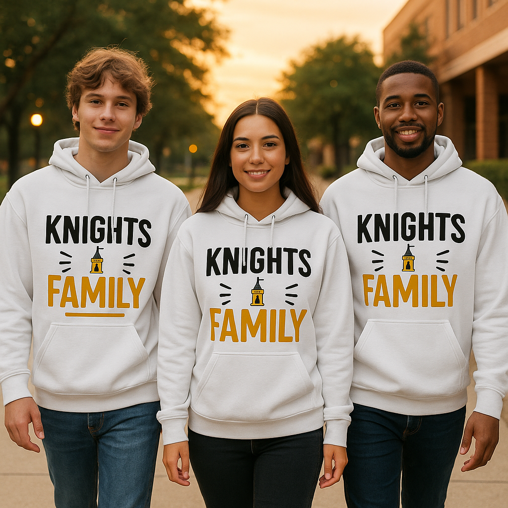 Three people wearing white hoodies with 'Knights Family' text at sunset.