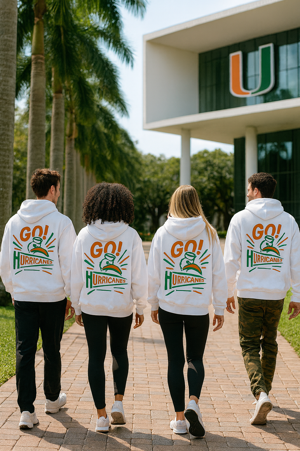 Four people wearing white hoodies with 'GO! HURRICANES' text and logo, walking on a path outdoors.