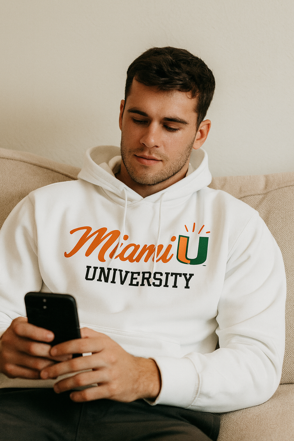 Man wearing a white hoodie with 'Miami University' text, sitting on a couch and looking at a phone.
