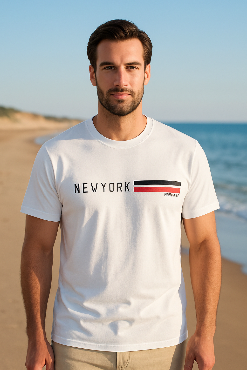 Man wearing a white t-shirt with 'New York' print on a beach
