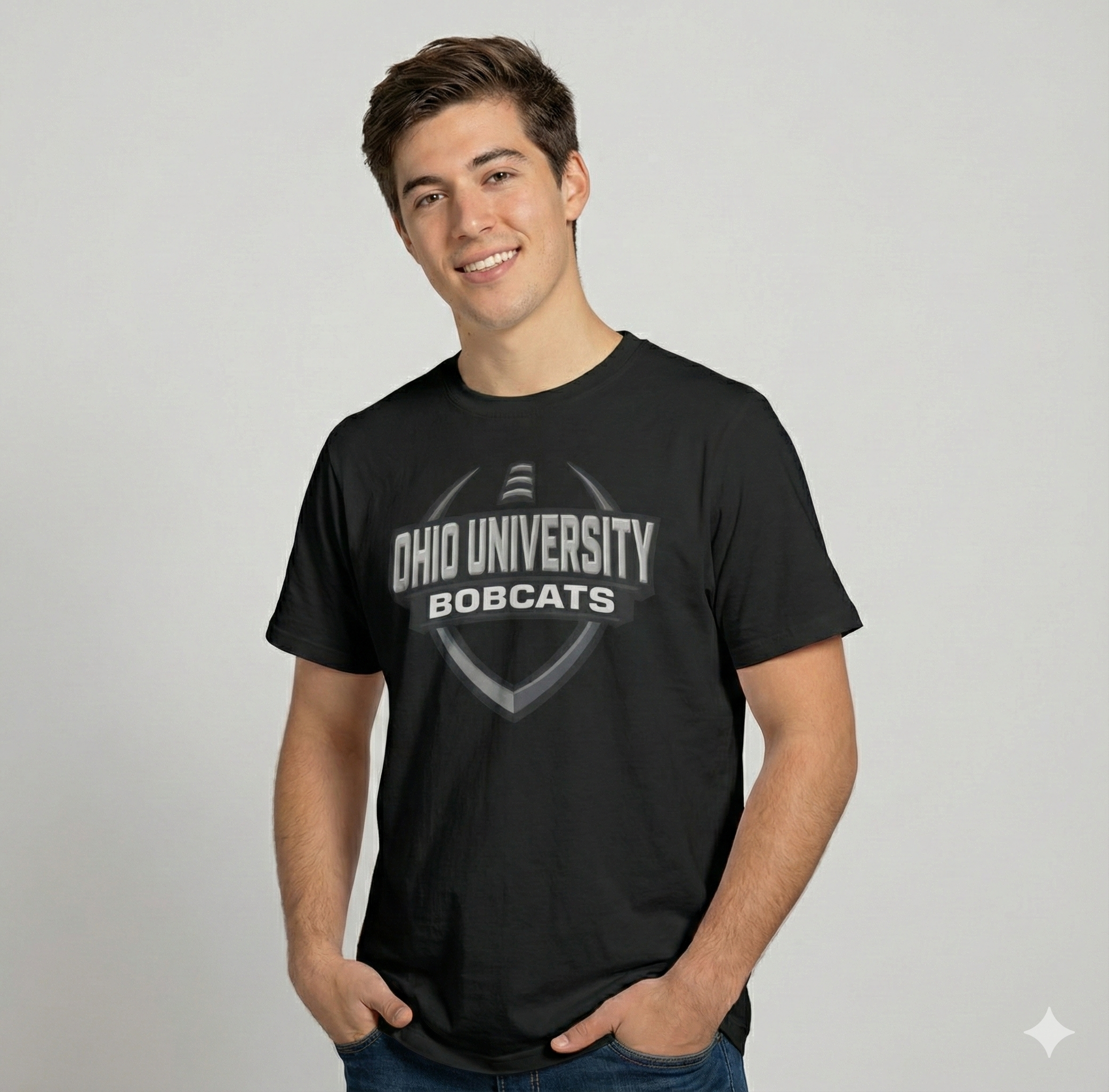 Person wearing a black Ohio University Bobcats t-shirt on a gray background