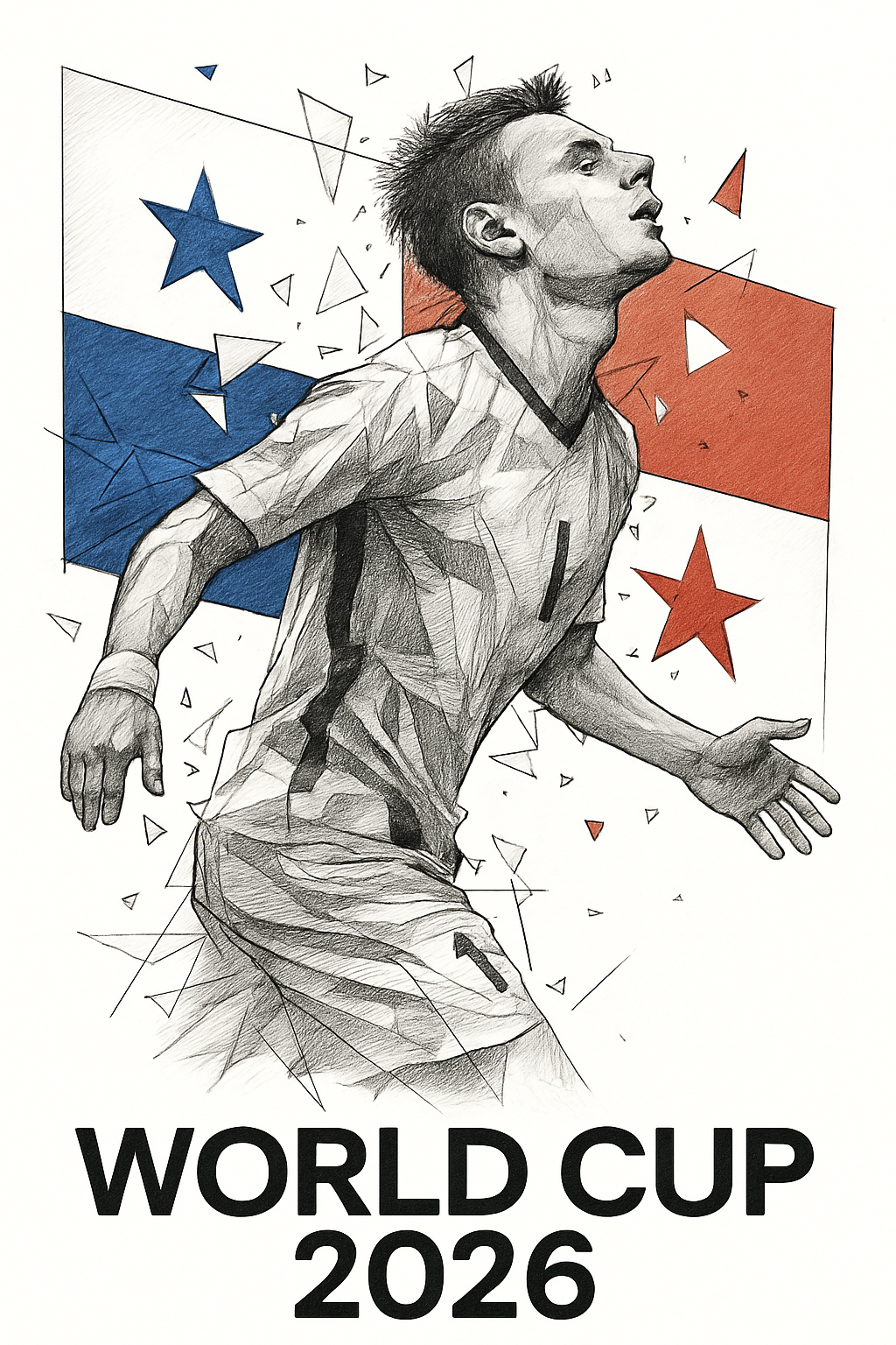 Soccer player illustration with geometric shapes and 'World Cup 2026' text on a white background