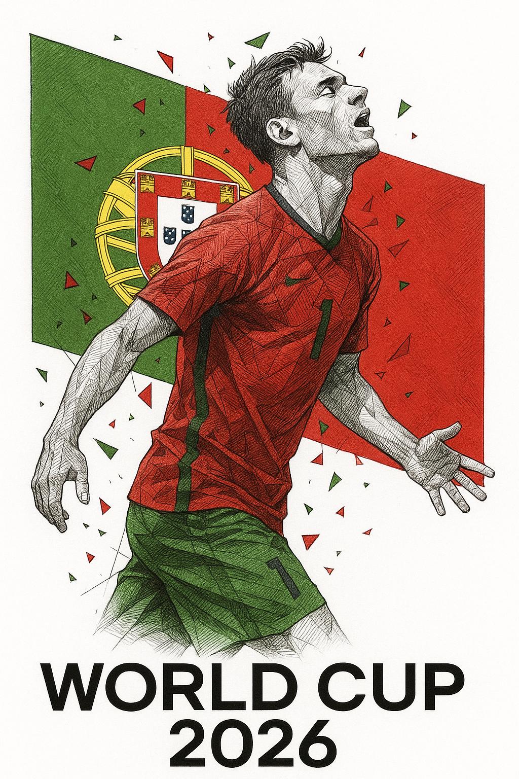 Illustration of a soccer player in a red jersey with Portugal's flag in the background, featuring 'World Cup 2026' text.