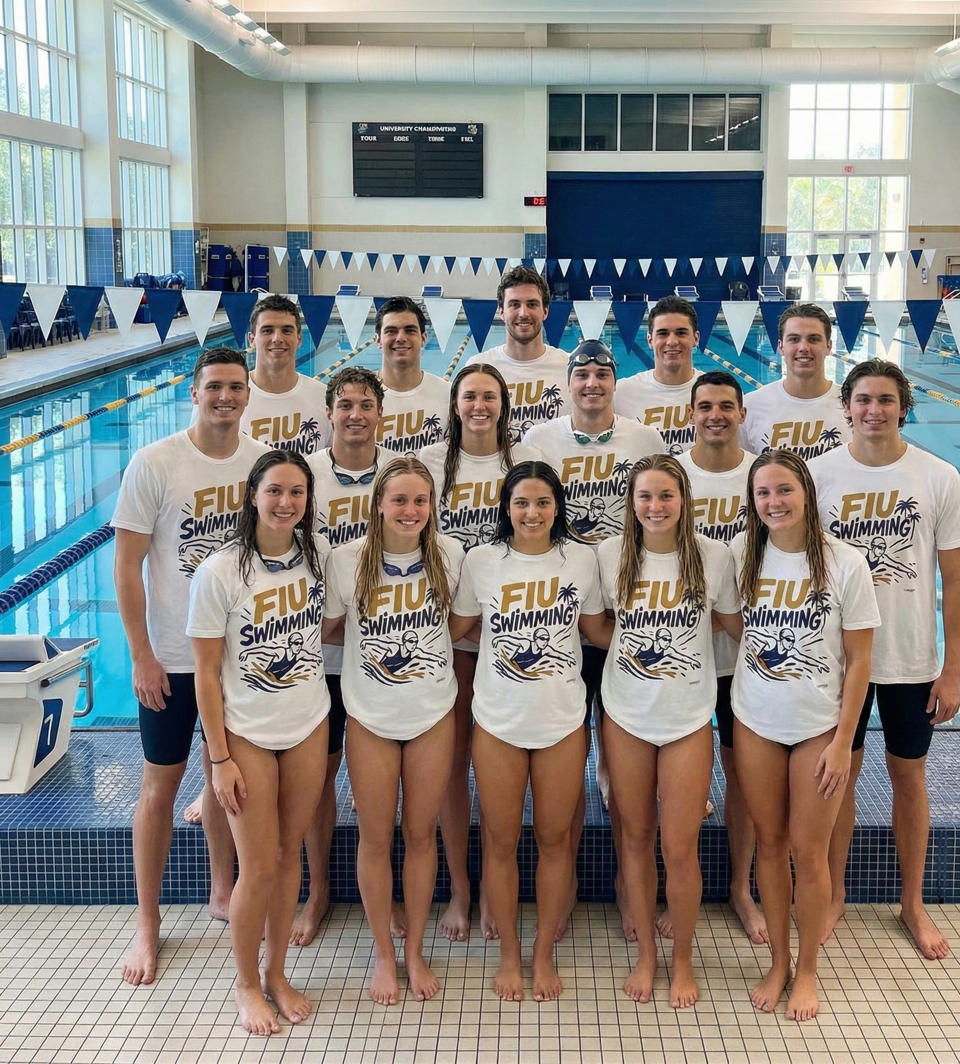 Swimming team posing together in front of a pool