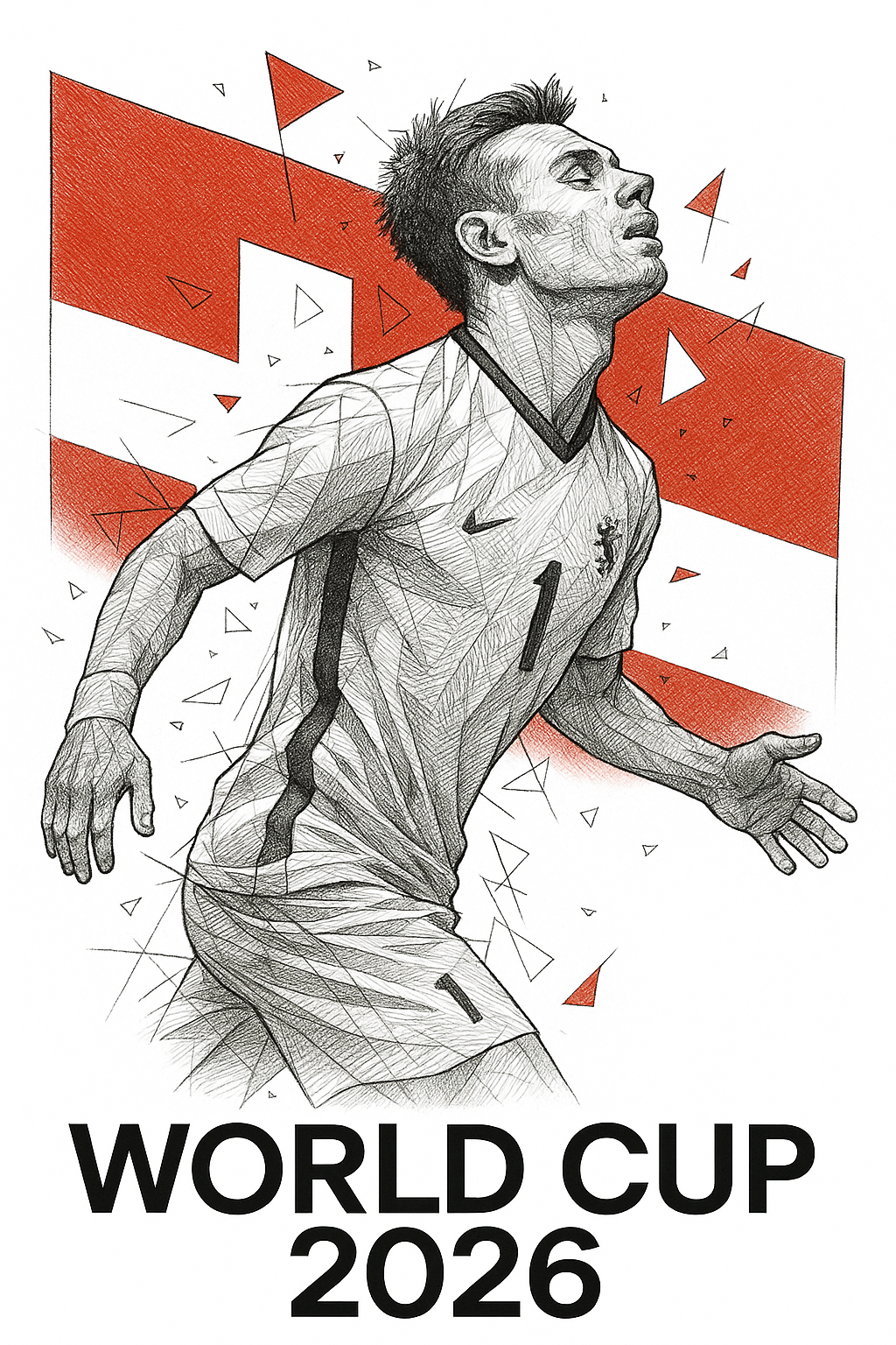 Illustration of a soccer player with geometric shapes and 'World Cup 2026' text on a white background