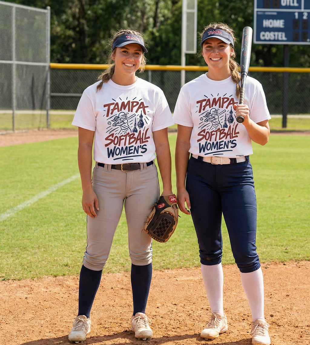Two softball players on a field wearing 'Tampa Softball Women's' shirts, one holding a bat and the other a glove.