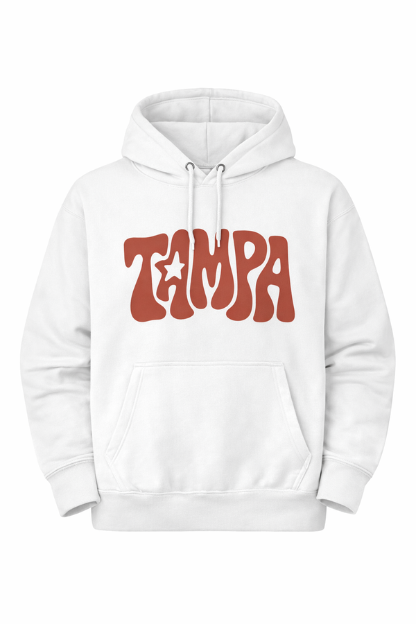 White hoodie with 'Tampa' printed in red on a white background