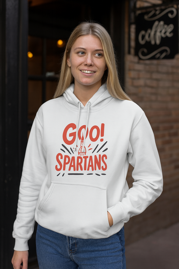 Woman wearing a white hoodie with red text standing in front of a brick wall.