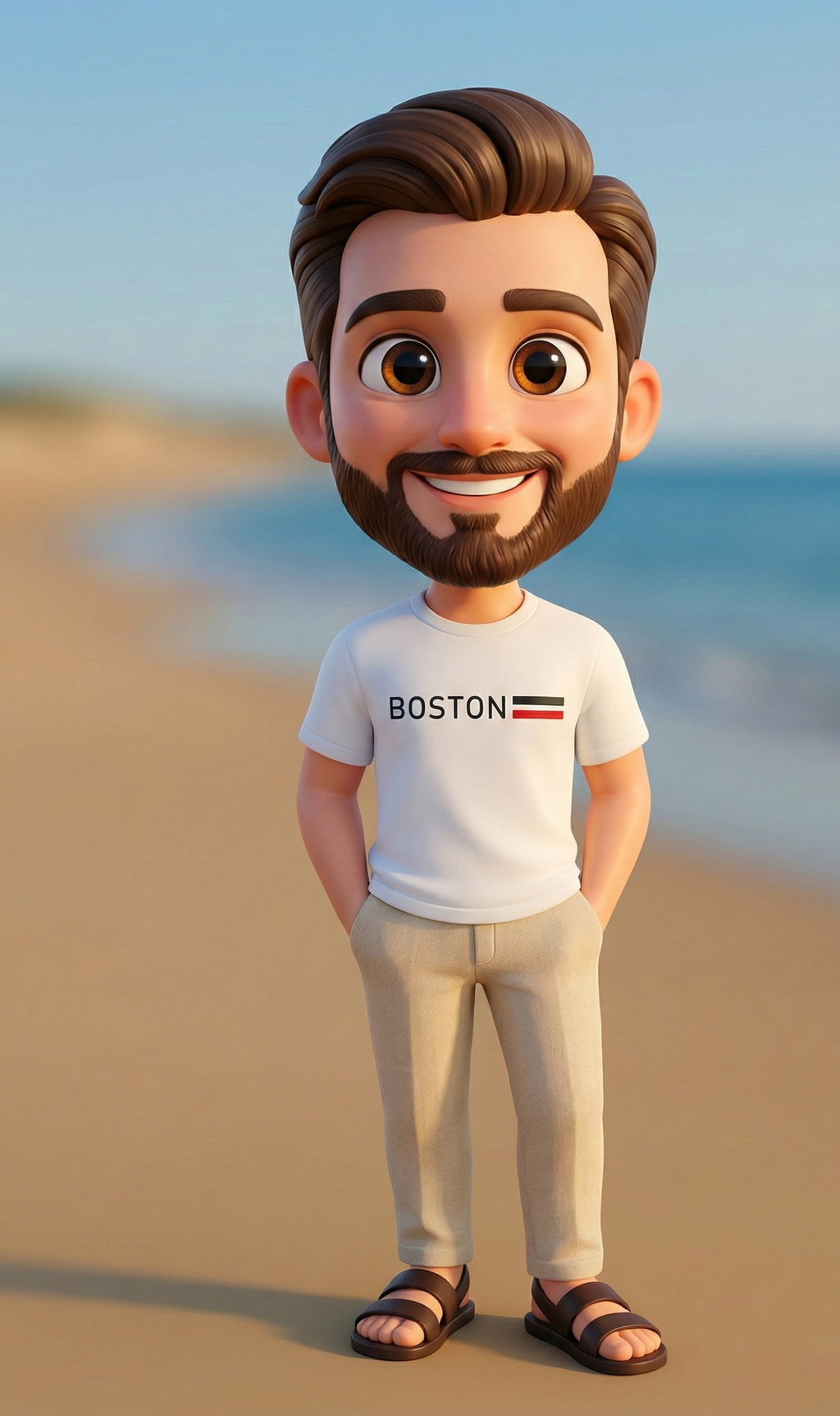 Cartoon character standing on a beach wearing a 'Boston' t-shirt.