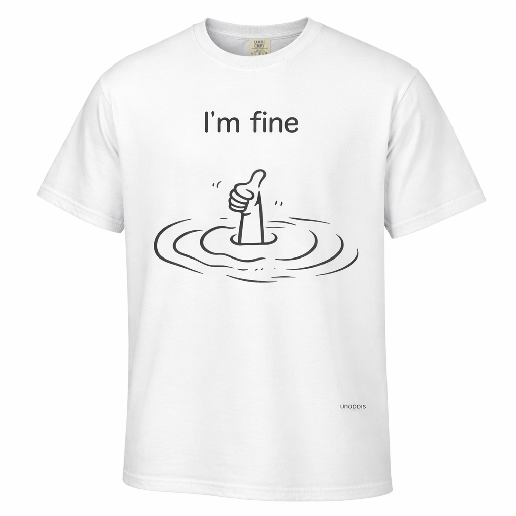 White t-shirt with 'I'm fine' text and hand gesture graphic on a white background