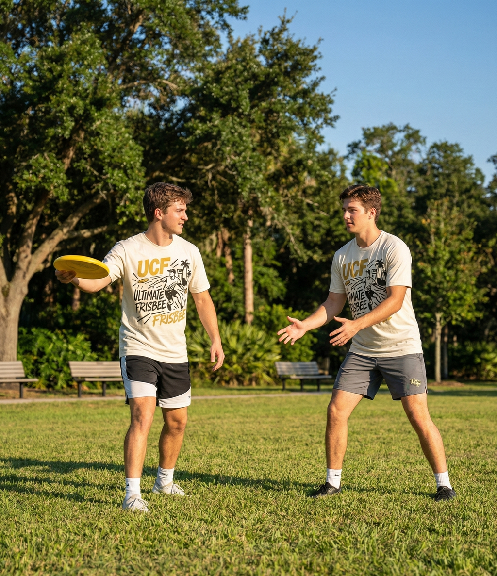 Two young men playing with a frisbee in a park