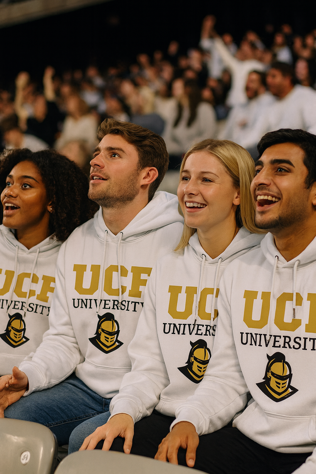 Four people wearing UCF University hoodies sitting together in a crowd.