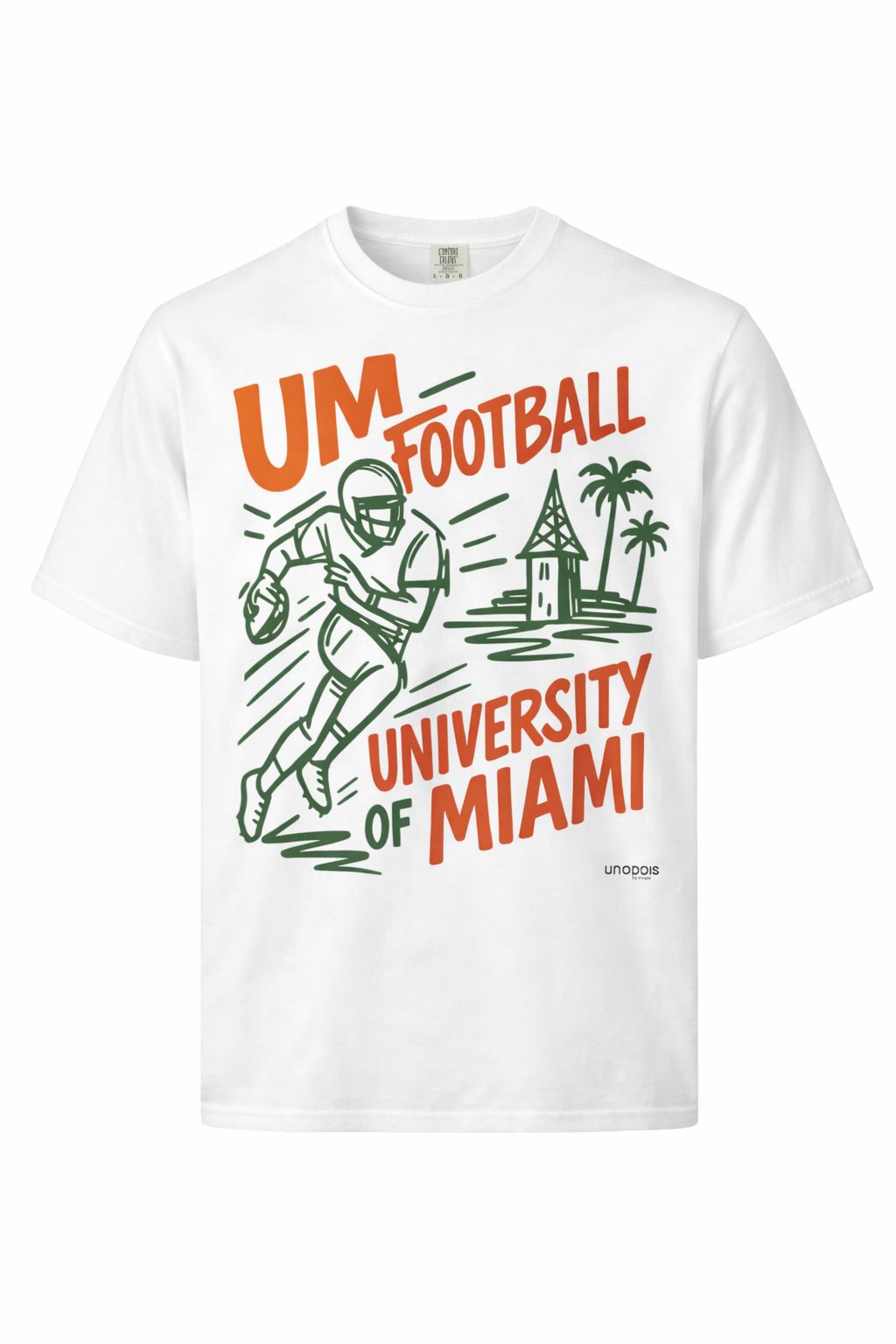 White t-shirt with 'UM Football University of Miami' design on a white background