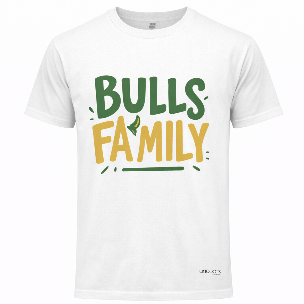White t-shirt with 'Bulls Family' text in green and yellow on a white background