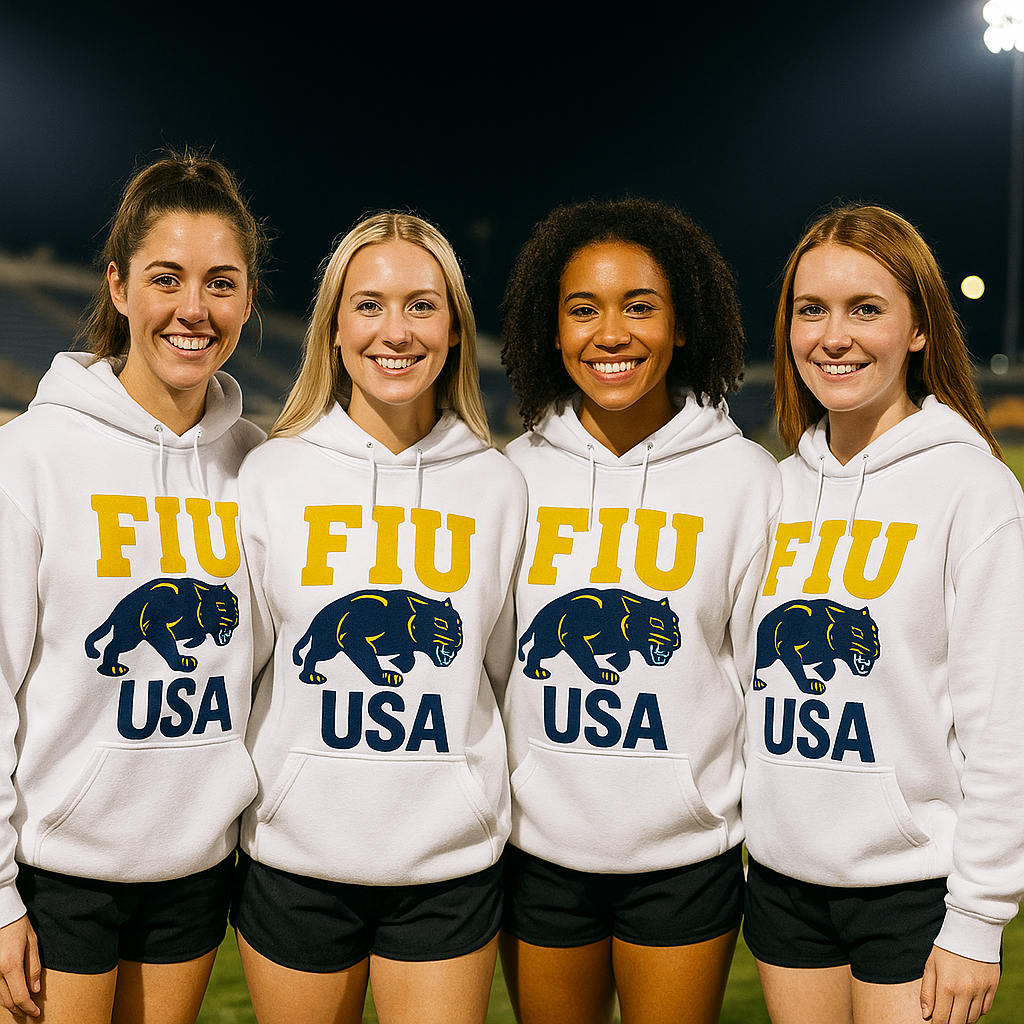 Four women wearing white hoodies with 'FIU USA' printed on them, standing on a sports field at night.