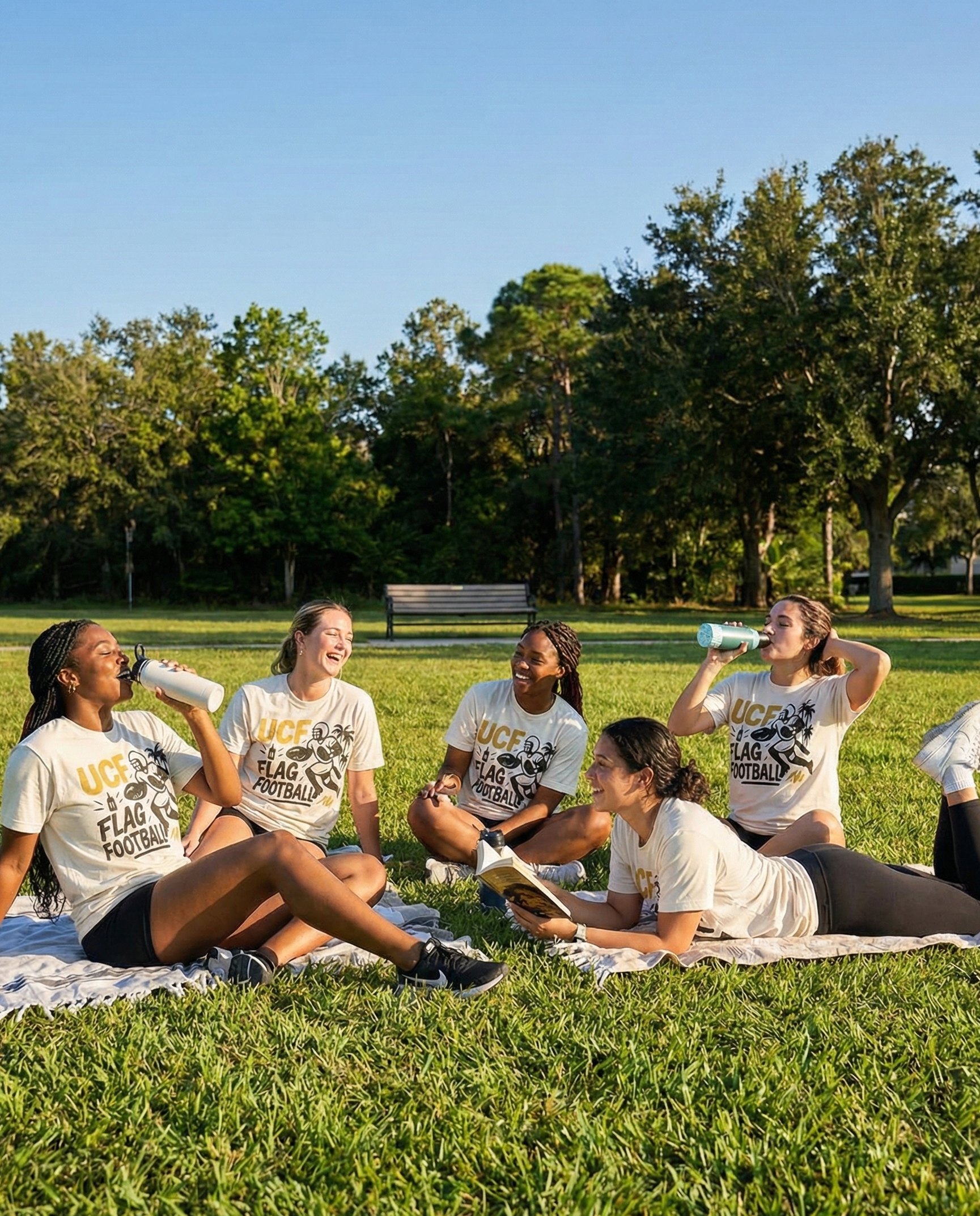 Group of women sitting on a blanket in a park, drinking water and laughing.