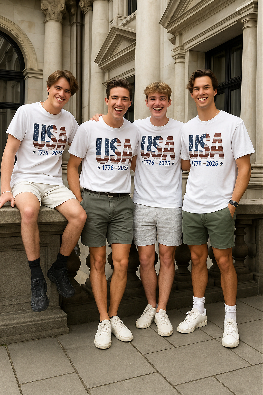 Four young men wearing 'USA 1776-2023' t-shirts posing in front of a classical building.