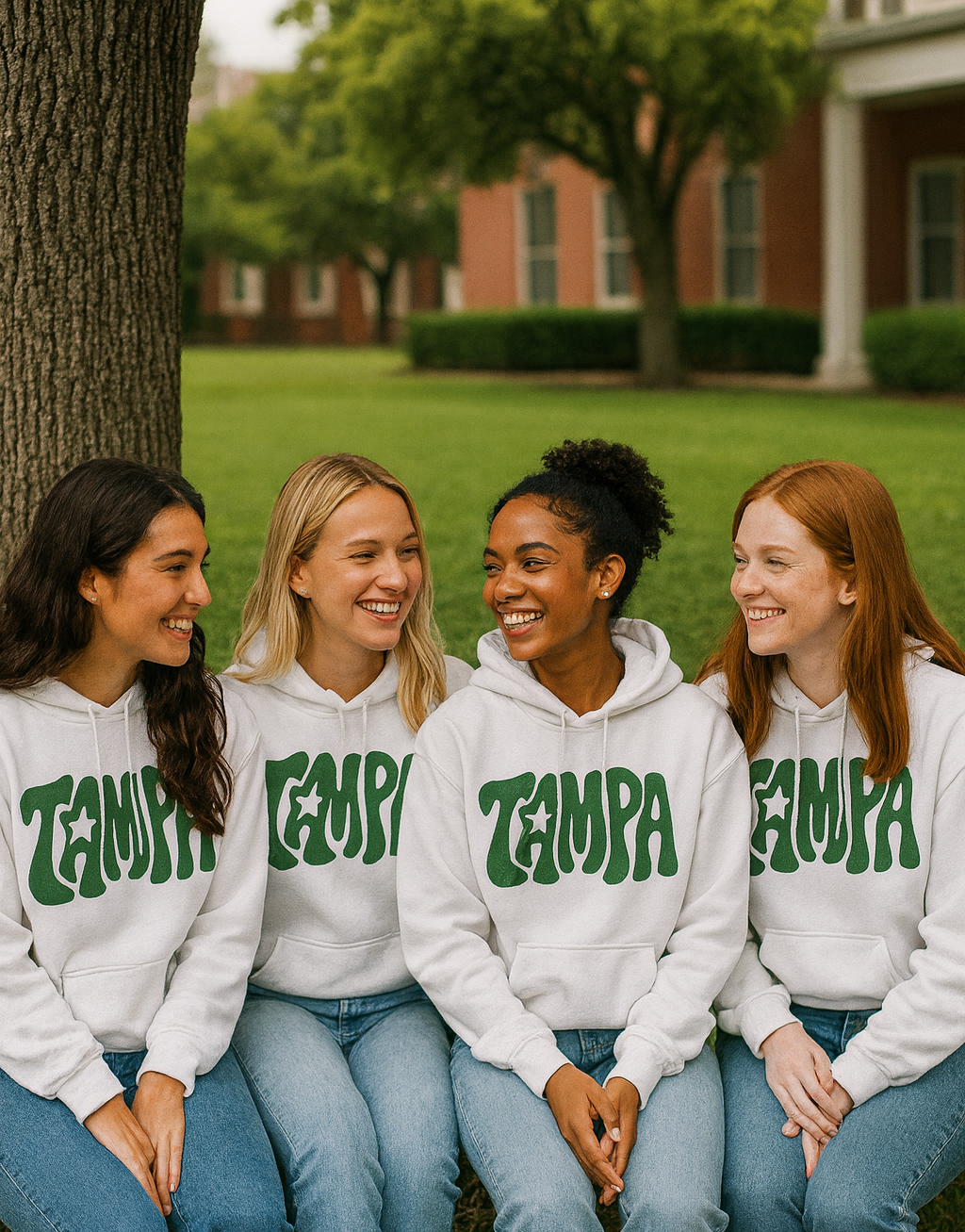 Four women wearing white hoodies with 'TEMPA' printed on them, sitting outdoors.