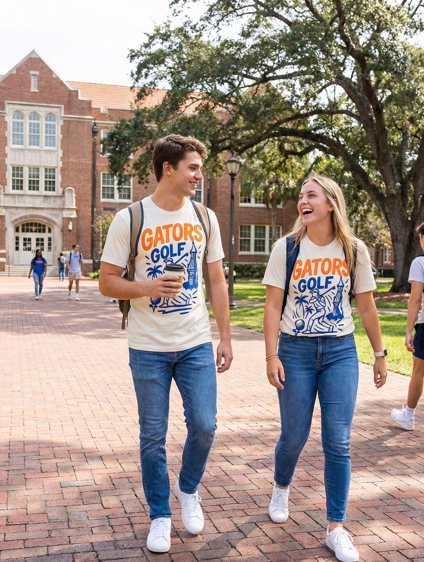 Two students walking on a college campus wearing Gators golf shirts.