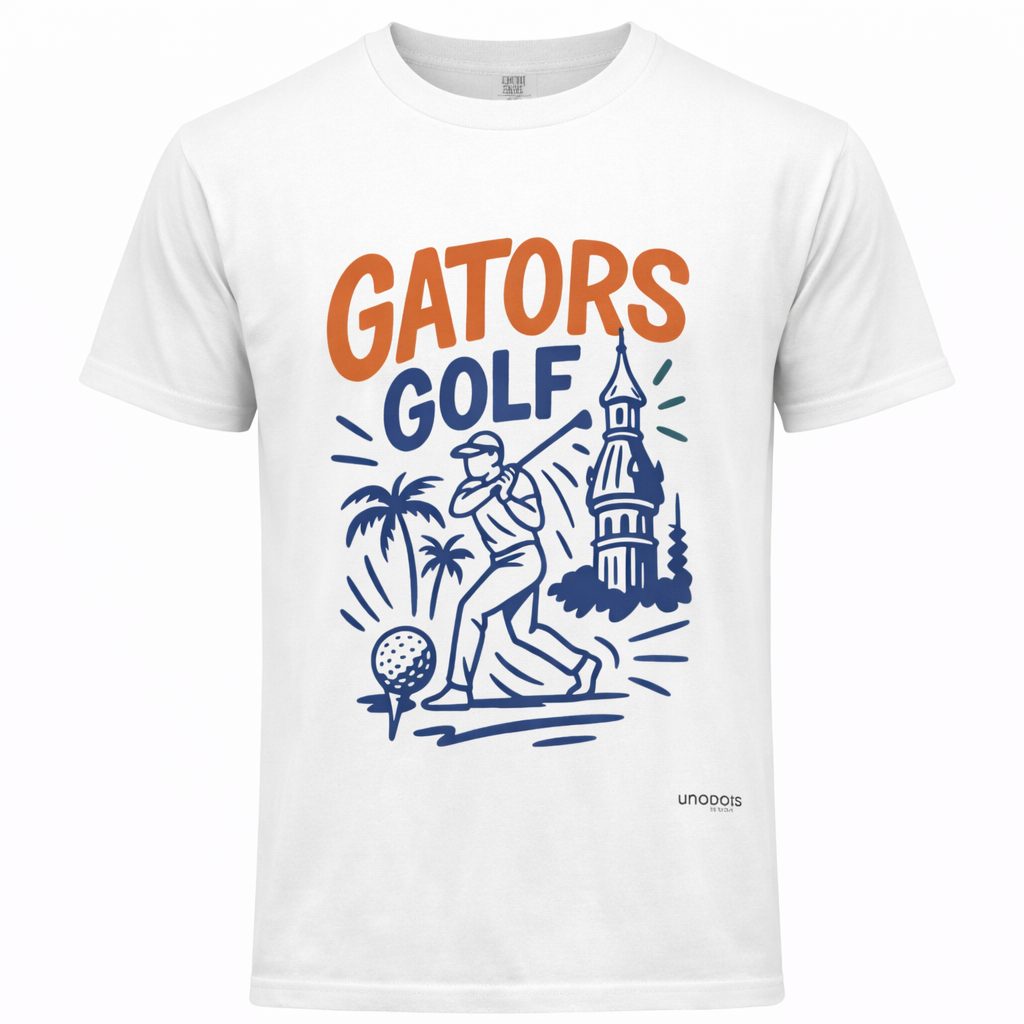 White t-shirt with 'Gators Golf' graphic design featuring a golfer and castle on a white background.