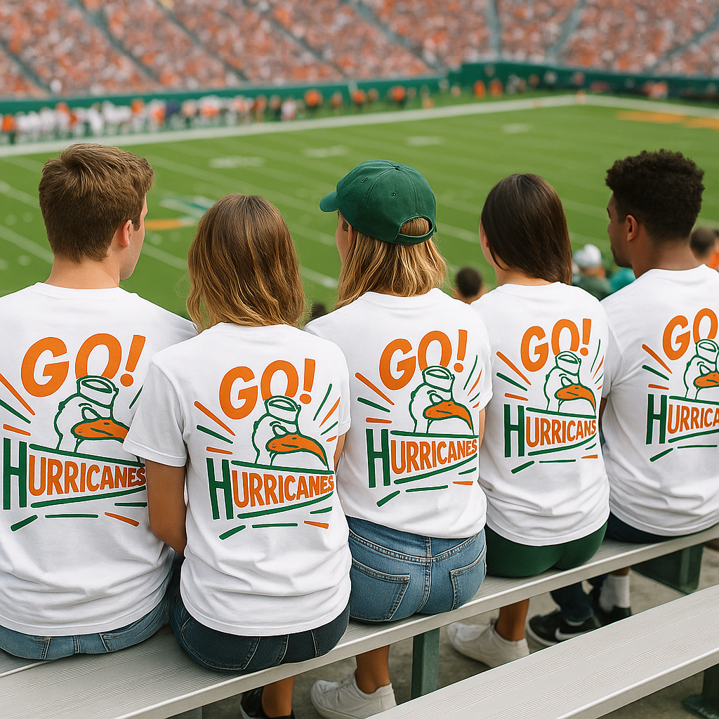 People wearing 'GO! HURRICANES' shirts at a sports event.