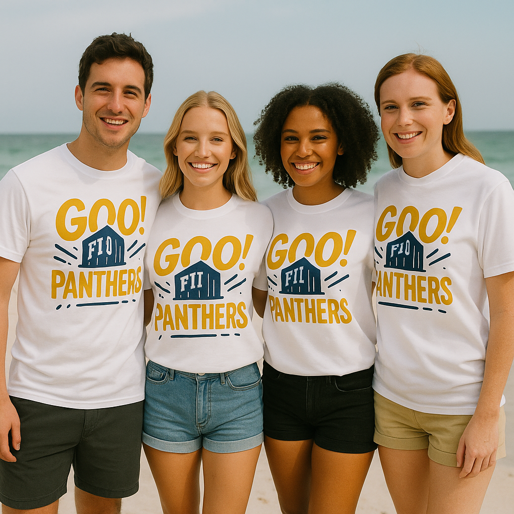 Four people wearing 'GO! FIU Panthers' shirts on a beach.