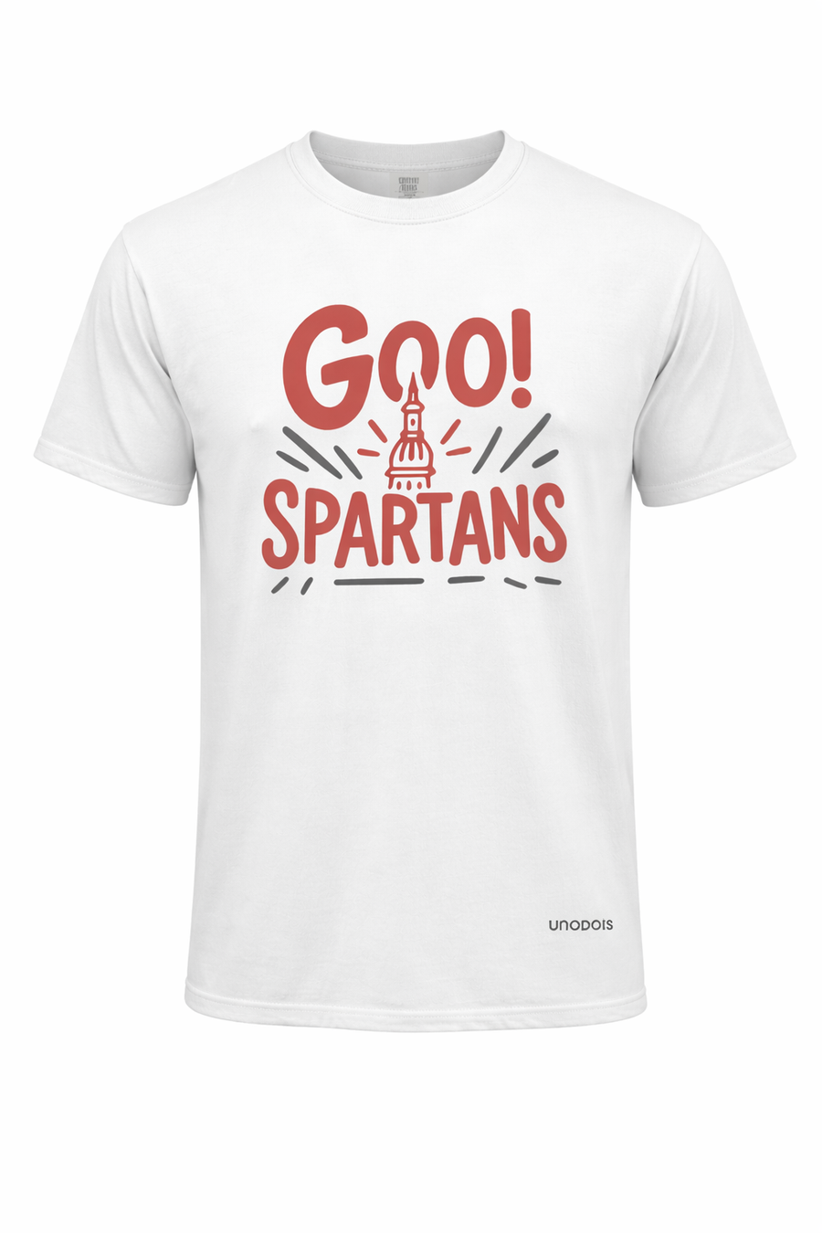 White t-shirt with 'GO! SPARTANS' text and Adidas logo on a white background