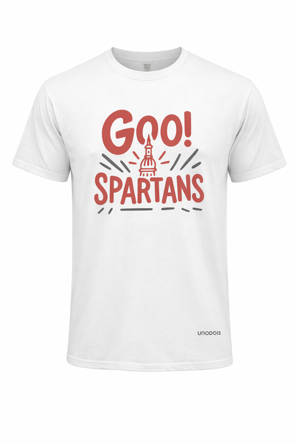 White t-shirt with 'GO! SPARTANS' text and Adidas logo on a white background