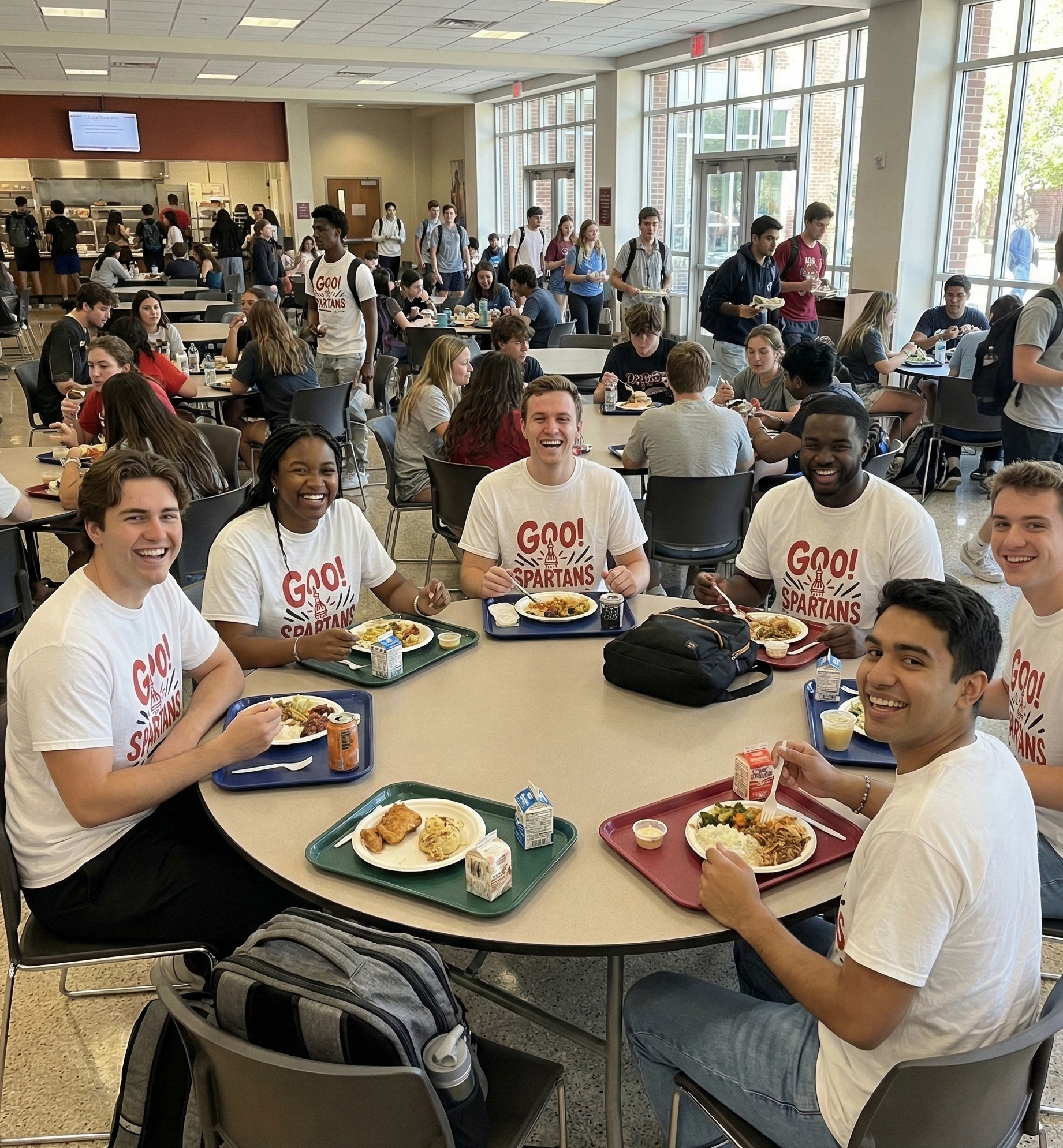 Group of students in a cafeteria setting, wearing 'GO!' shirts, eating lunch.