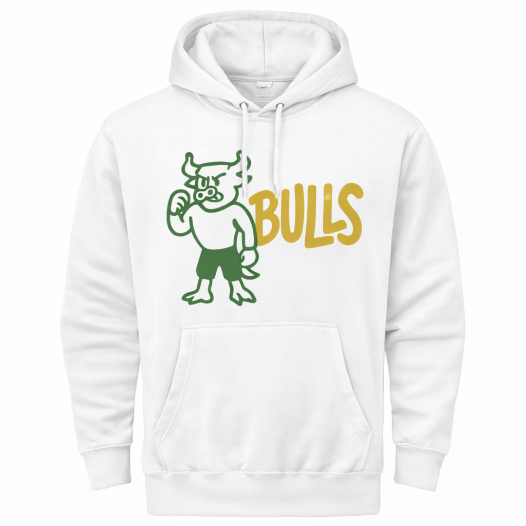 White hoodie with green and yellow graphic design on a white background