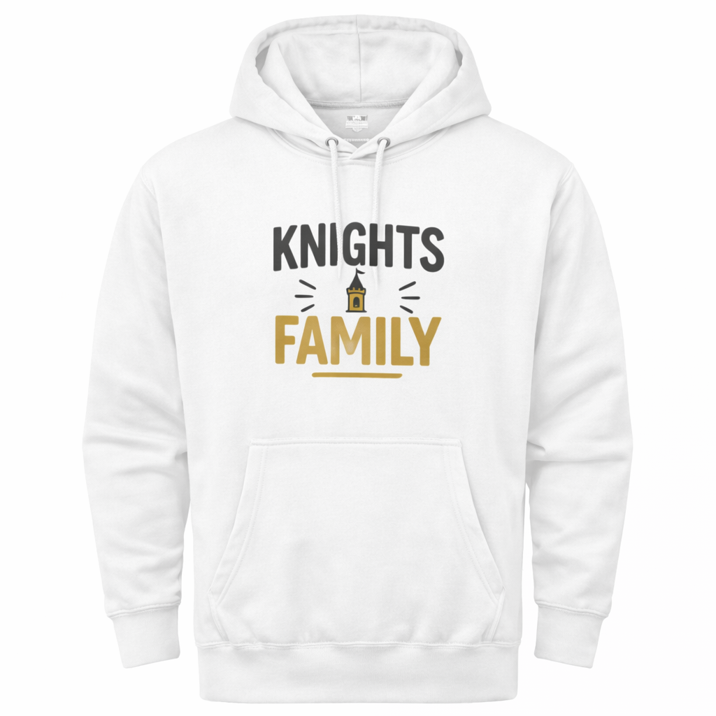 White hoodie with 'Knights Family' text on a white background