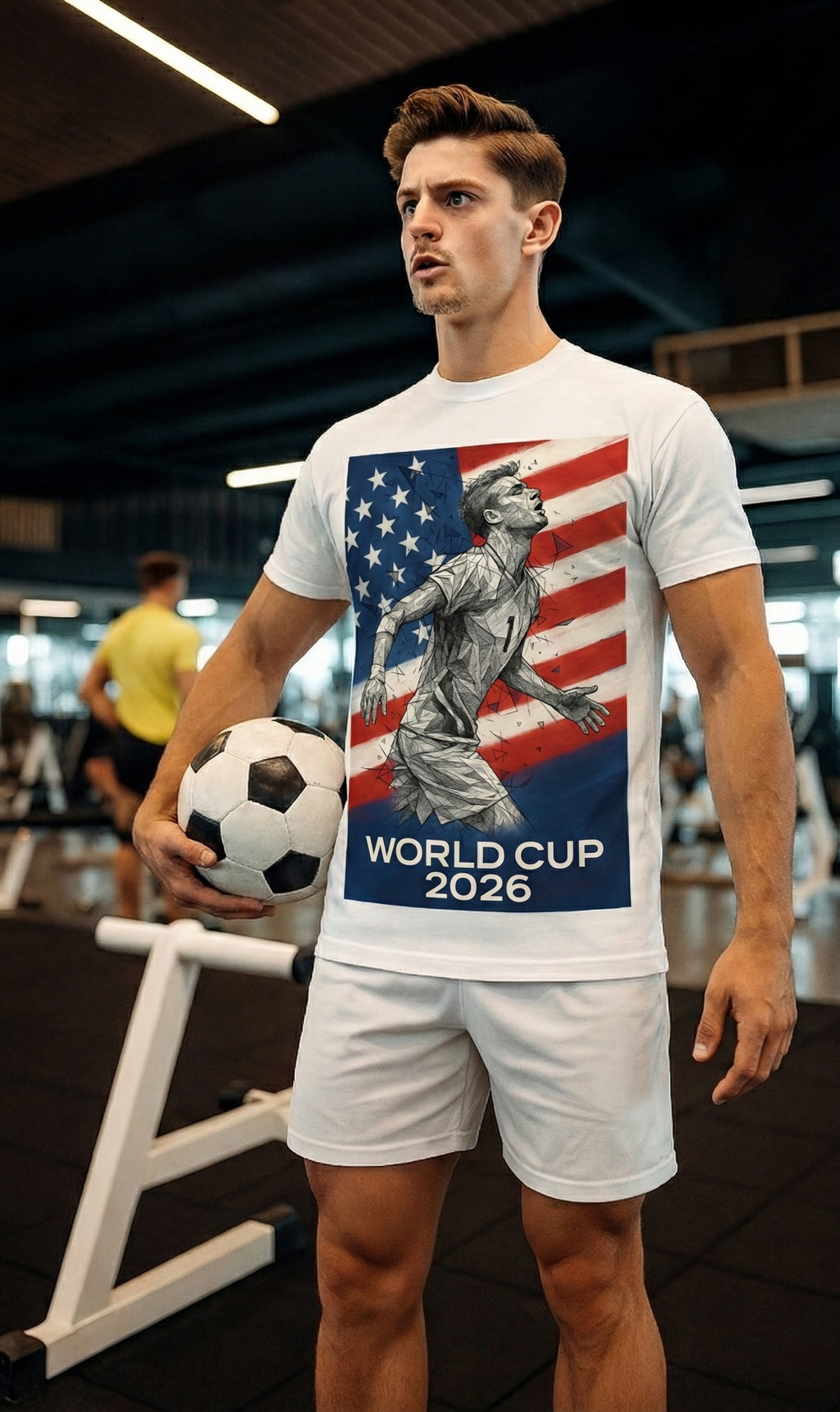 Man holding a soccer ball wearing a t-shirt with a World Cup 2026 graphic.