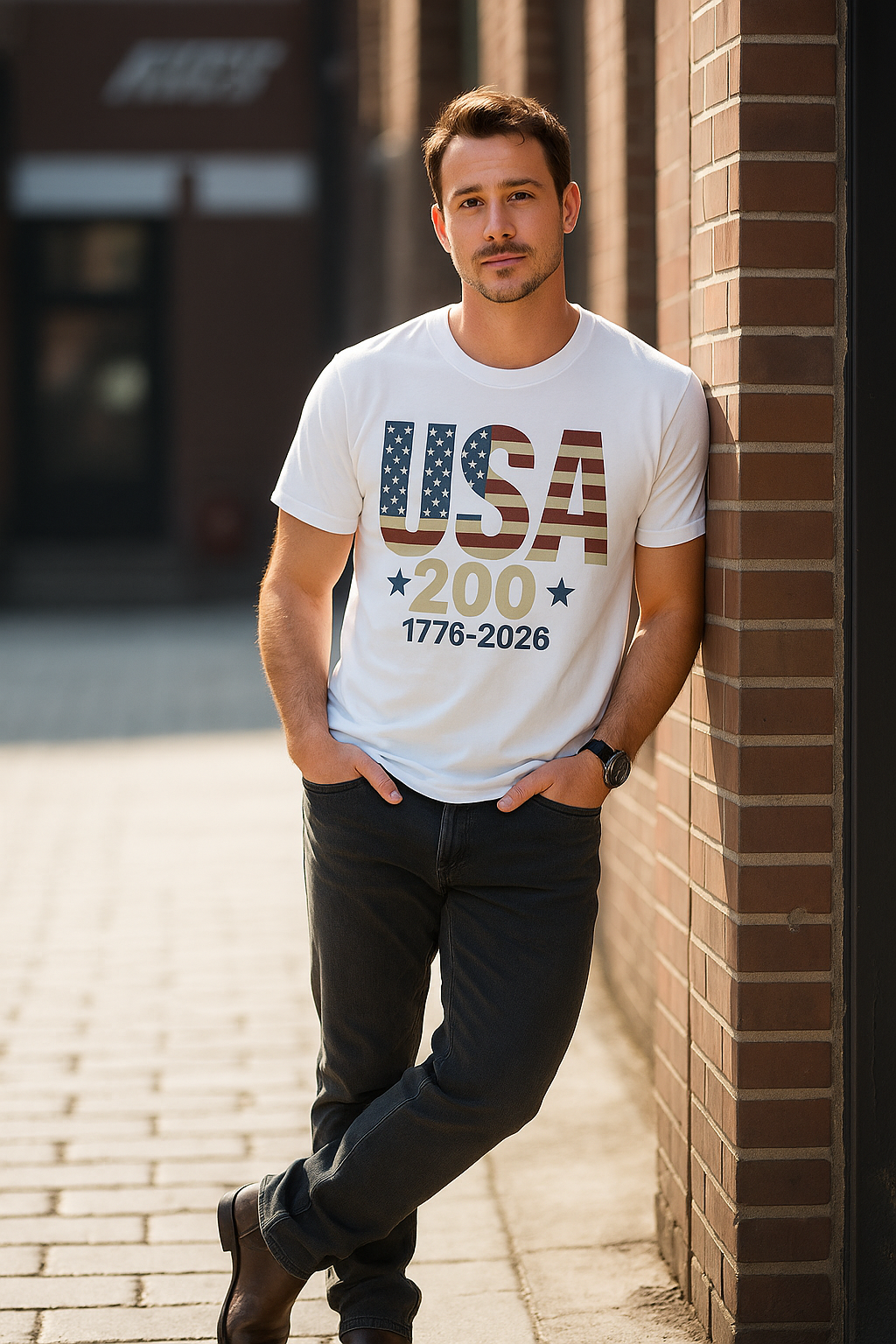 Man wearing a white t-shirt with 'USA 200' design leaning against a brick wall.