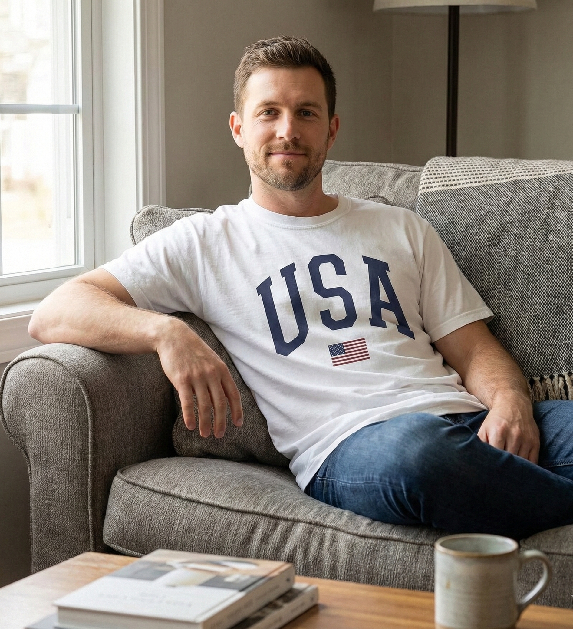 Man sitting on a couch wearing a 'USA' t-shirt with an American flag, in a home setting.